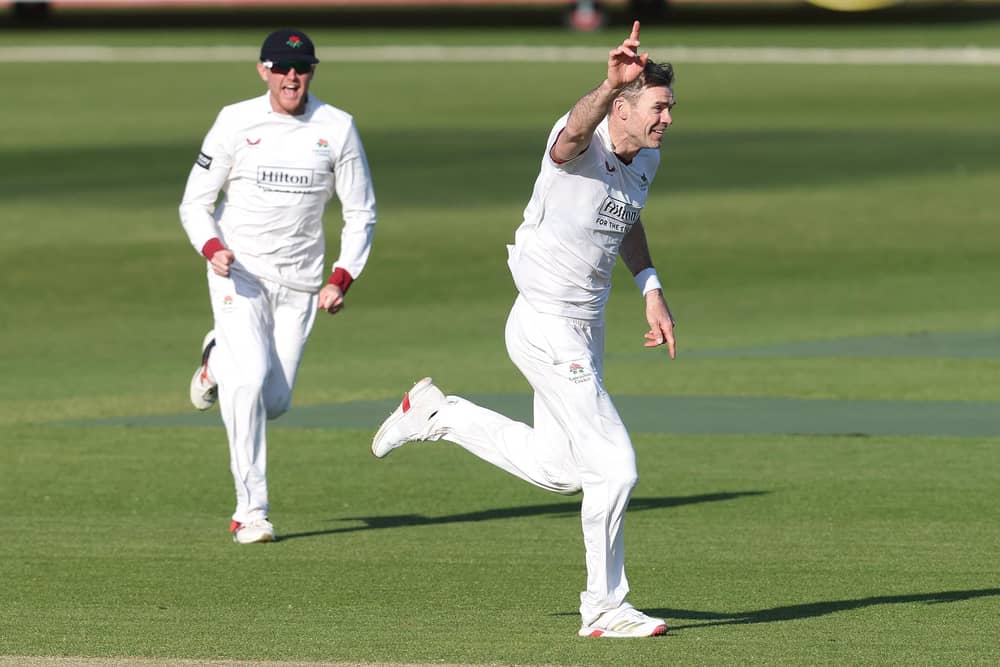 James Anderson celebrates after taking the wicket of Louis Kimber during the County Championship Division 2 match between Northamptonshire and Lancashire at The County Ground this summer (Photo by David Rogers/Getty Images)