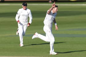 James Anderson celebrates after taking the wicket of Louis Kimber during the County Championship Division 2 match between Northamptonshire and Lancashire at The County Ground this summer (Photo by David Rogers/Getty Images)