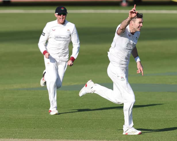 James Anderson celebrates after taking the wicket of Louis Kimber during the County Championship Division 2 match between Northamptonshire and Lancashire at The County Ground this summer (Photo by David Rogers/Getty Images)