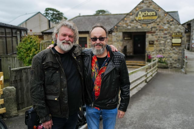 Si and Dave outside Archers Cafe. Image: BBC/South Shore Productions/Jon Boast