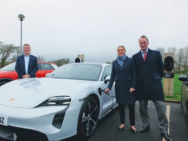 Porsche Centre Preston and Ribby Hall have teamed up to offer electric vehicle charging points. L to R: Tom Fox, managing director Porsche Centre Preston with Stephanie Harrison business strategy manager, and Paul Harrison, chief executive Ribby Hall Village
