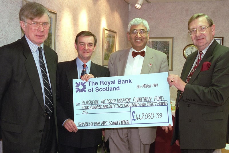 The MRI Scanner Appeal officially handed over its residual money to the Blackpool Victoria Hospital NHS Trust in 1999.  Pic L-R: Chairman of MRI Scanner Appeal Bryan Carr, Hon. Treasurer of Appeal Stuart Morris, Director of Fundraising Ramesh Gandhi, and Chairman NHS Trust Barry Fothergill