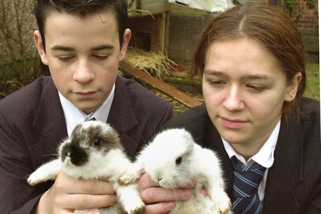 Tomas Dunderdale and Vikki Ryan with two rabbits which had fortunately survived an attack. They are pictured in front of the vandalised rabbit hutch, 2002