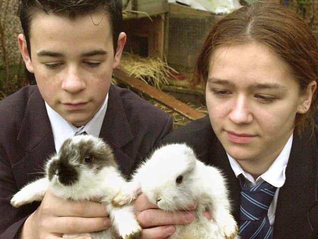 Tomas Dunderdale and Vikki Ryan with two rabbits which had fortunately survived an attack. They are pictured in front of the vandalised rabbit hutch, 2002