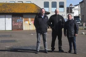 Developers want to create a street food market using shipping containers on Flagstaff Gardens on South Promenade. Pictured are Jamie Willacy, Nick Lowe and Andrew Bradshaw.