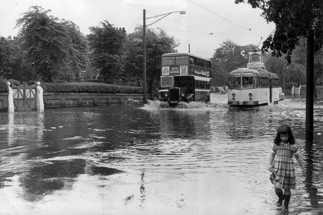 An incoming Ribble bus ploughs through flooded Whitegate Drive overtaking a tram on the Marton route, near the junction with St Ives Avenue in July, 1956