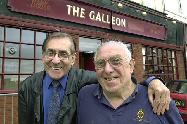 Peter Burdon (right) and Teddy Corvo outside The Galleon on Adelaide Street, Blackpool. Teddy was a pianist at the pub and Peter was club manager, 2002