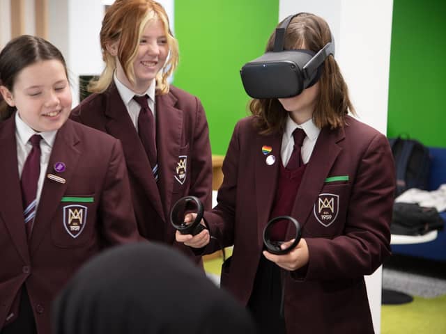 Pupils from Montgomery Academy with the VR headset.