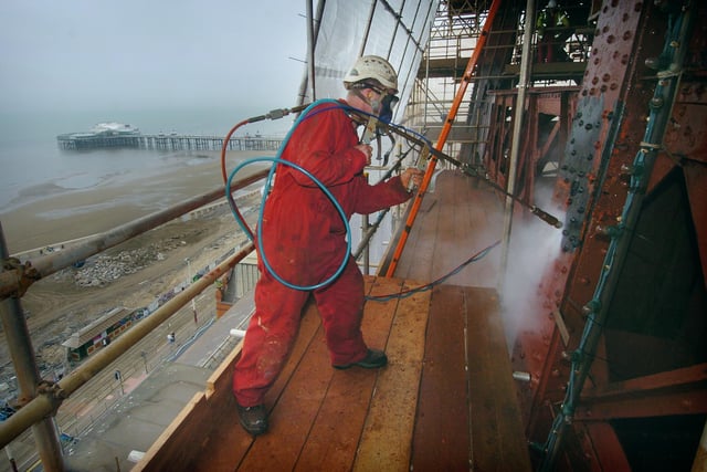 Mark Hallett removing 100 years of paint from Blackpool Tower with a high-pressure washing system