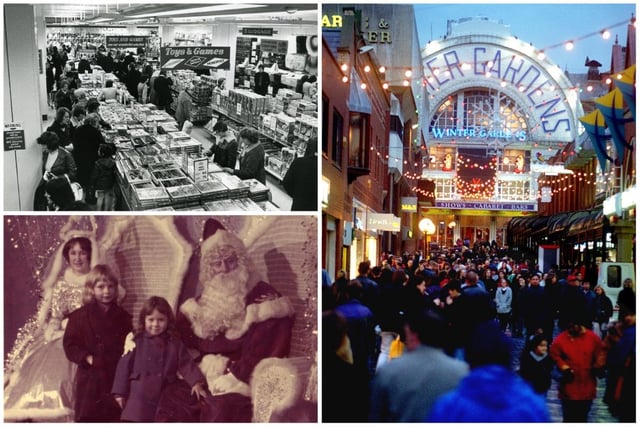 British Home Stores at Christmas in the 1970s, a busy scene a few days before Christmas in the 1990s and an emotive pictures which shows children visiting Father Christmas at Blackpool Lewis's in 1964