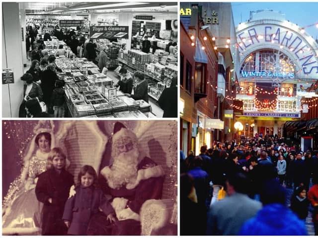 British Home Stores at Christmas in the 1970s, a busy scene a few days before Christmas in the 1990s and an emotive pictures which shows children visiting Father Christmas at Blackpool Lewis's in 1964