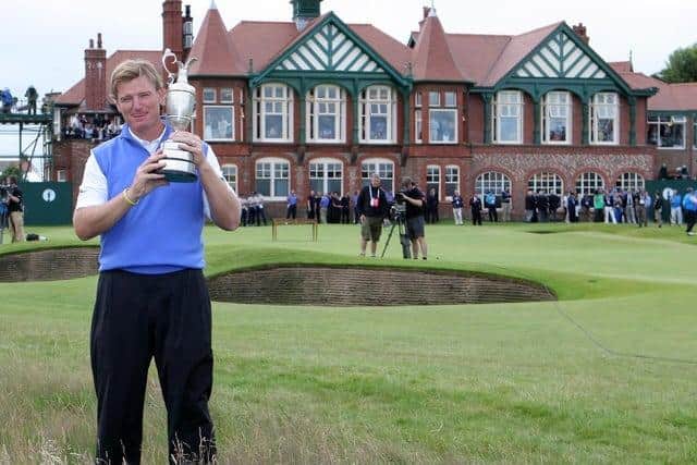 South Africa's Ernie Els lifts the Claret Jug and celebrates winning the 2012 Open Championship at Royal Lytham and St Annes Golf Club in 2012