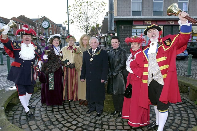Blackpool Town Crier Barry McQueen (left) with the civic party and Stafford Town Crier Peter Taunton making the Lancashire Proclamation at Kirkham Lancashire Day