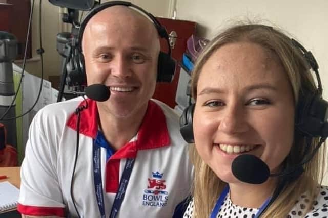 Jason Parkinson and Emily Ferguson commentating on Bowls England National finals
