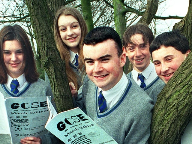 Year 10 business studies pupils branched out into journalism, by producing their own newspaper at St. Mary's RC High School, 1998. Pictured are Nicola Westhead, Danielle Lambert, Kenny Logue (editor), Paul Ronson and Sean Taylor