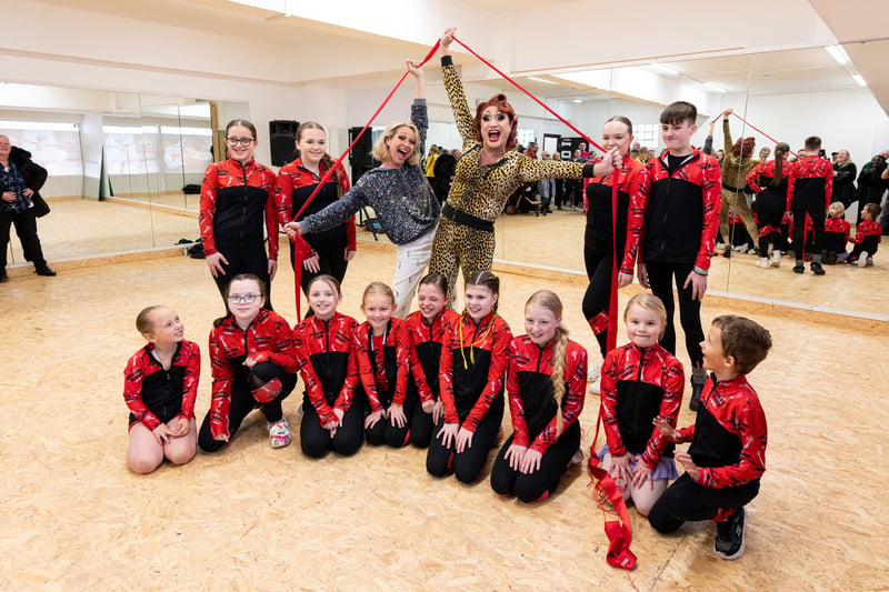 Nicky Figgins with Betty Legs Diamond and students at the official of opening of Stage Door Dance Studios in Bispham. Photo: Kelvin Lister-Stuttard