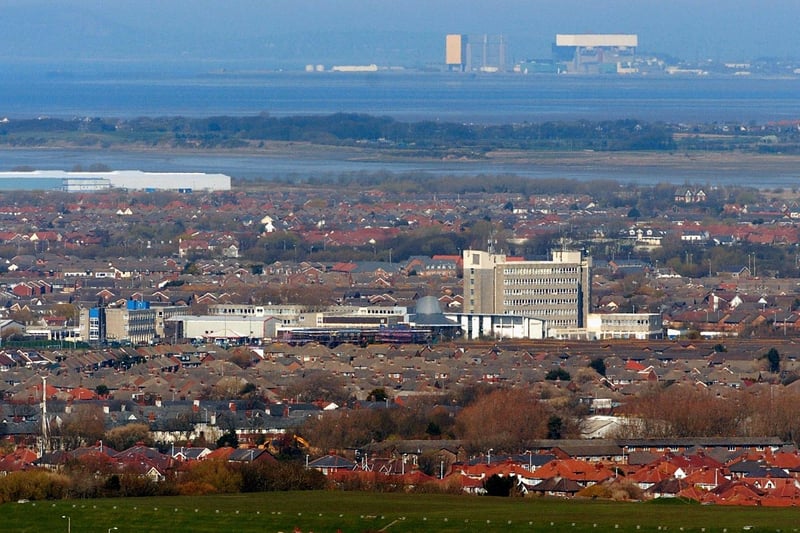 Looking towards Blackpool and the Fylde College at Bispham, with the River Wyre and Morecambe Bay with Heysham Power Station in the distance