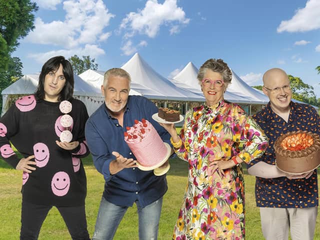 Noel Fielding, Paul Hollywood, Prue Leith, and Matt Lucas from The Great British Bake Off.