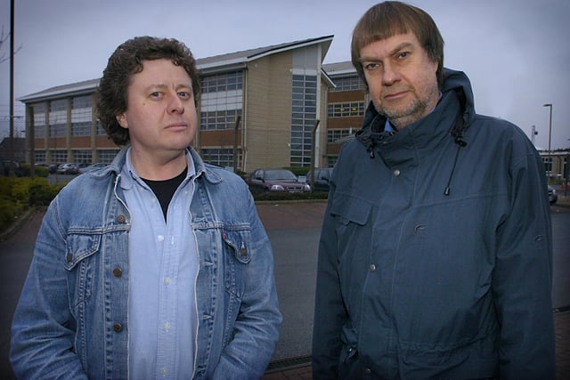 PCS Union representatives, Branch Chairman Duncan Griffiths (left) and Branch Secretary Martin Jones, outside the Norcross Civil service building after a strike was called over proposed job cuts, 2006