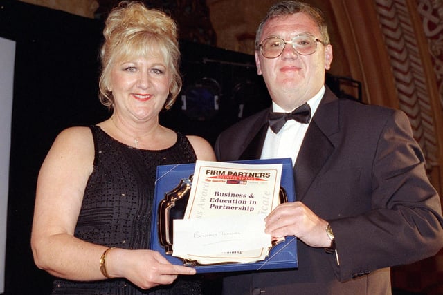 Firm Partners Dinner and Awards at the Winter Gardens in 1999.  Eric Downes (chairman of Education Business Partnership, Fylde Coast) presents the Business and Education in Partnership Award , to Alison Wolstenholme , of Beneast training