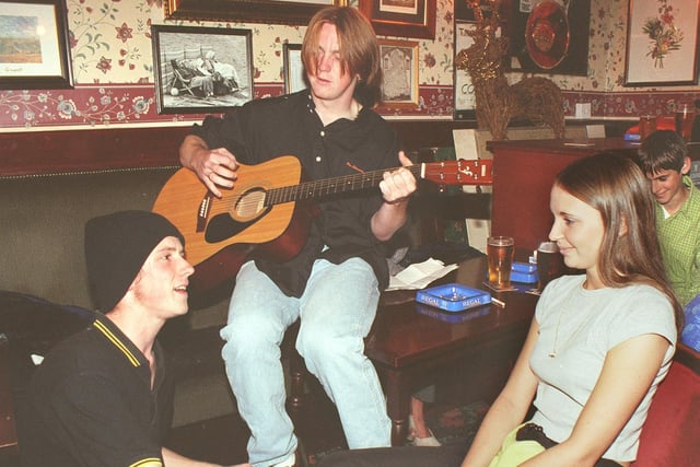 Wheatsheaf party night in 1999.  Gemma Gorton is serenaded by duo 'Addictions' - Bobby Turner (left) and Carl Taylor