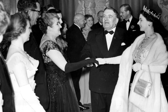 The Queen is greeted at Royal Variety Performance which was held at Blackpool Opera House in 1955