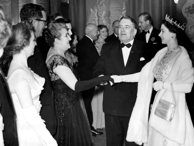 The Queen is greeted at Royal Variety Performance which was held at Blackpool Opera House in 1955