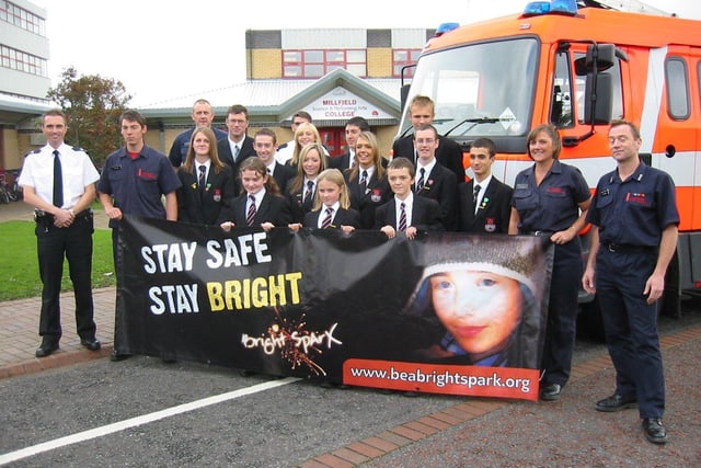 Pupils with police and fire officers were promoting the Bright Sparx campaign aimed at firework safety in 2006. Far left PC Steve Bell with headteacher Sean Bullen.