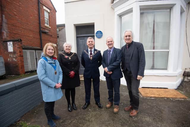 Unveiling of a blue plaque on Lord St in Blackpool dedicated to author Desmond Bagley. Pictured are Joan Humble from Blackpool Civic Trust with deputy mayoress Sharon Hoyle, deputy mayor Adrian Hoyle, publisher David Brawn from Harper Collins and author Michael Davies.