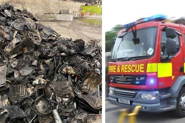Left: the fire in a metal storage skip at the Farington Waste Recovery Park