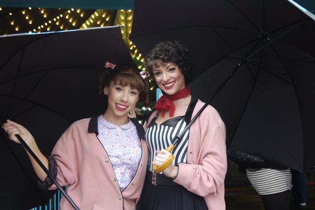 Cast members from Grease at Blackpool Pleasure Beach.  Pictured are Laura Wilson from Fleetwood as Jan and Kate Somerset-How as Rizzo in 2005
