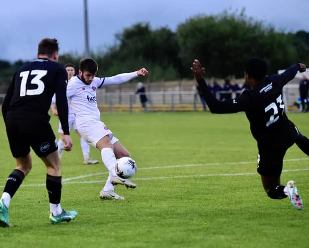 This Joe Rowley effort against Barrow was deflected off-target Picture: STEVE MCLELLAN