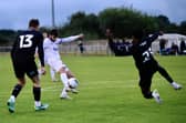 This Joe Rowley effort against Barrow was deflected off-target Picture: STEVE MCLELLAN