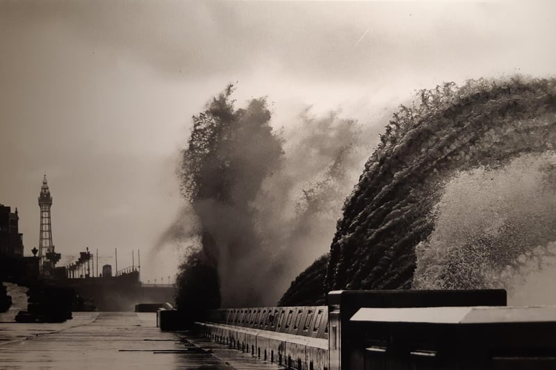 September 1988 - Waves crash over the sea defences in dramatic style at North Shore