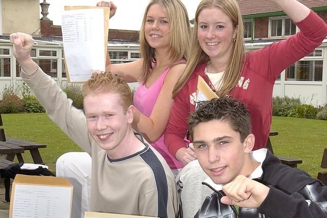 Pupils at Highfield High School in Blackpool receiving their GCSE exam results in 2004. At back are Steph Clarke (left) and Rebecca Hems and at front are Scott Silburn (left) and Mark Rimmer.