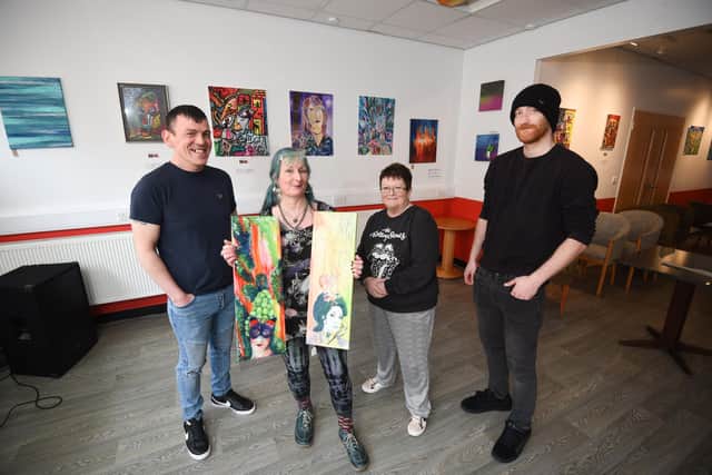 New arts show at Urban Arts Studio in St Annes. Pictured are artists Robert Haworth, Boz Phillips, Diane Duxbury with manager James Hunter.