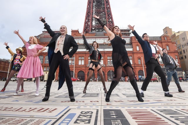 The cast of The Rocky Horror Show pose for pictures to promote their show at the Grand Theatre in Blackpool