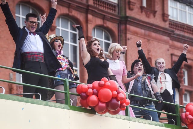 The cast of The Rocky Horror Show pose for pictures to promote their show at the Grand Theatre in Blackpool