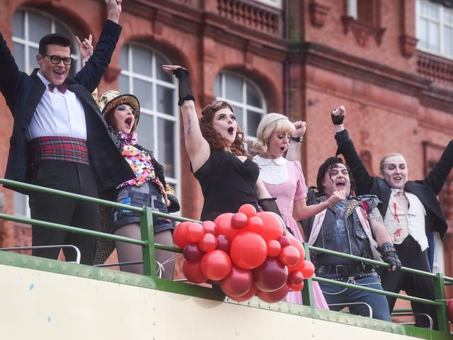 The cast of The Rocky Horror Show pose for pictures to promote their show at the Grand Theatre in Blackpool