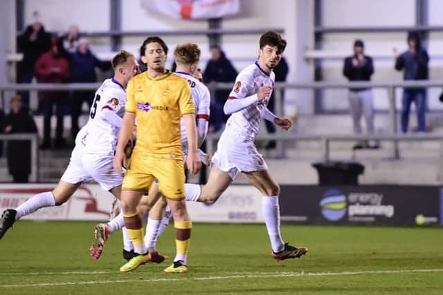 The Coasters celebrate Ethan Mitchell’s strike, which so nearly brought victory over Sutton Photo: AFC FYLDE