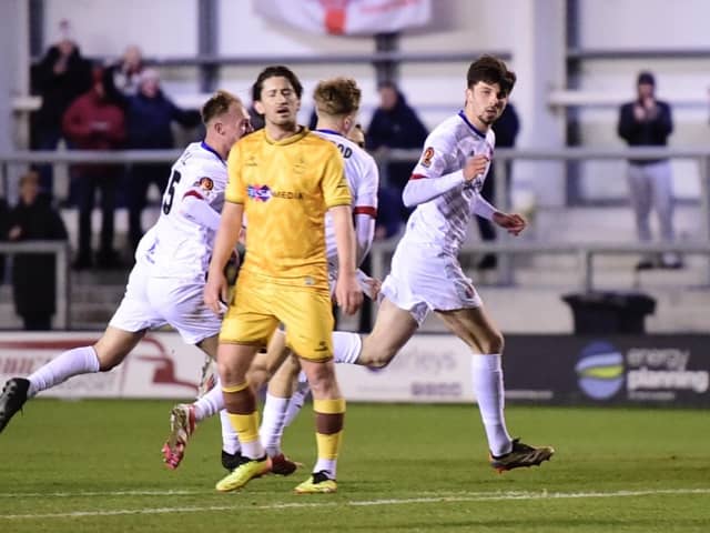 The Coasters celebrate Ethan Mitchell’s strike, which so nearly brought victory over Sutton Photo: AFC FYLDE