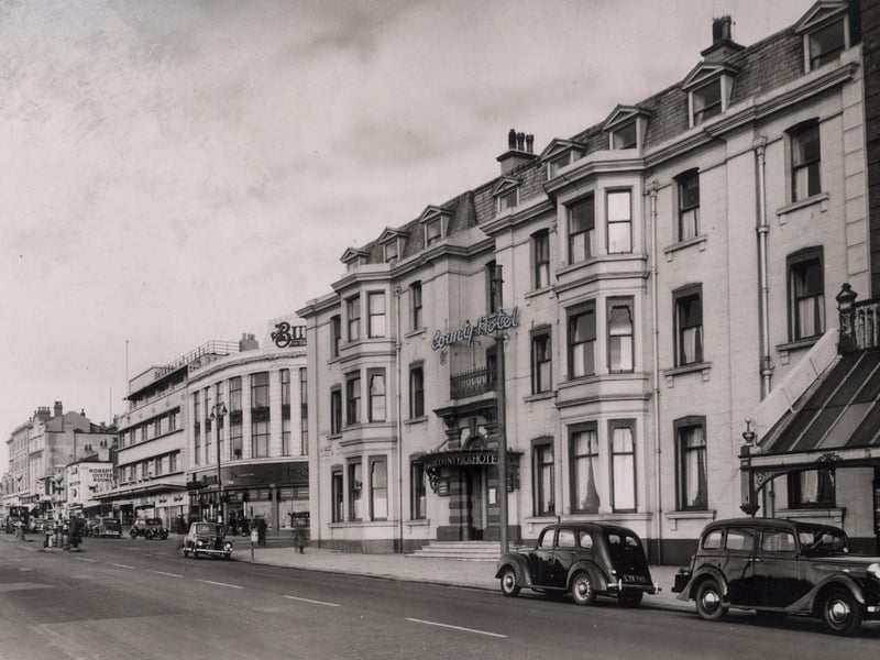 The County Hotel on the corner of the Promenade and Church Street in the 1950s and to the right is part of the glass canopy of The Palace Theatre. Both buildings were demolished in the 1960s to make way for Lewis's department store