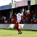 Jon Ustabasi wins an aerial duel (photo: Steve Mclellan/AFC Fylde)