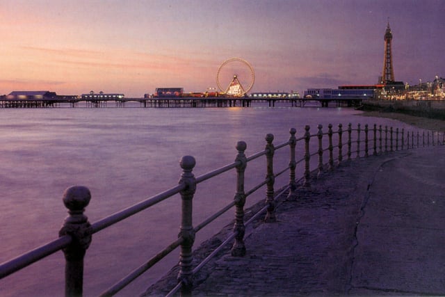 Blackpool promendade at night showing Central Pier, the tower and big wheel in the mid 90s