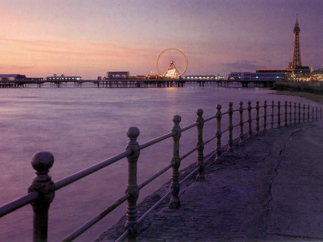 Blackpool promendade at night showing Central Pier, the tower and big wheel in the mid 90s