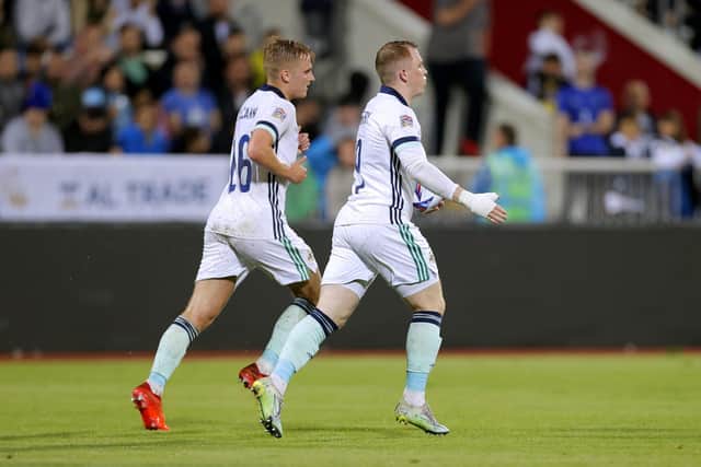 Lavery celebrates after scoring his second goal for Northern Ireland