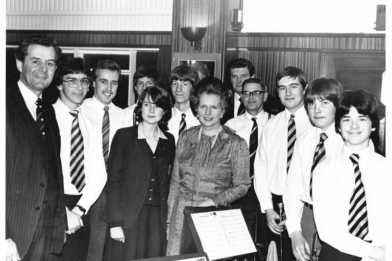 Maragret Thatcher with the school band when she visited Arnold School, in February 1983