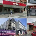 Top left clockwise: Wilko in Preston, in Burnley, in Cleveleys and its proposed site in Blackpool.