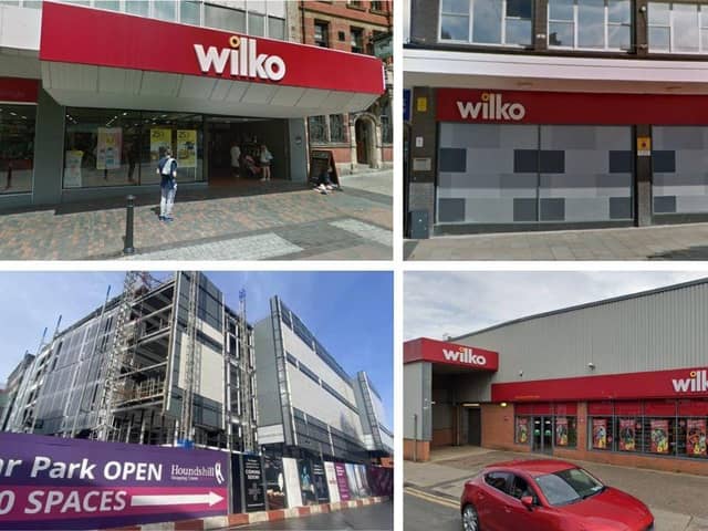 Top left clockwise: Wilko in Preston, in Burnley, in Cleveleys and its proposed site in Blackpool.