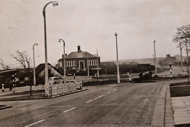 Looking towards a simplified Bispham roundabout with the familiar library in the distance, 1950